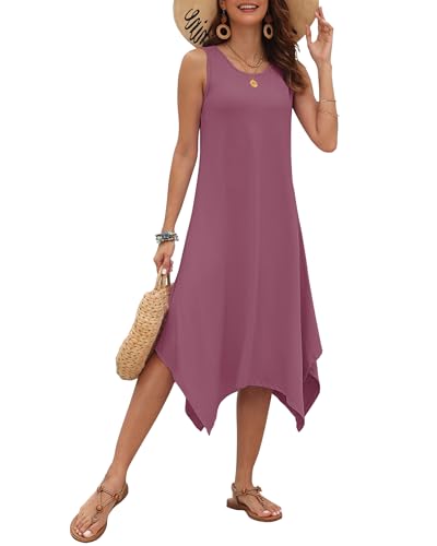Image of AUSELILY Women's Summer Dresses Casual Sleeveless Midi Tank Beach Dress | Women's Asymmetrical Hem Sundress with Side Pockets, Great for Beach, Vacation & Daily Wear