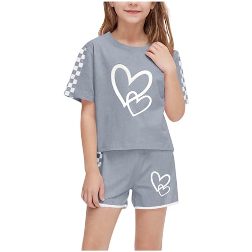 Girls Cute Heart Print Loose Crewneck Short Sleeve Tshirt + Shorts 2 Pieces Summer Plaid Comfy Sweatsuit Outfits