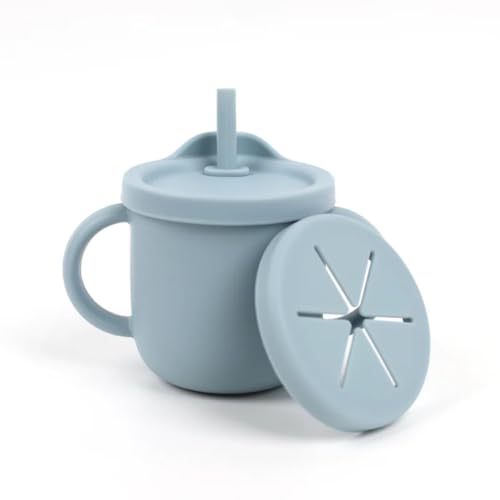 Image of Moonkie Silicone Baby Cups with Straw and Lid for Snacks, 8.5 oz Spill-Proof Sippy Cups, Training Cup for Toddlers Ages (Blue 2 in 1)