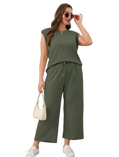 Image of SAMPEEL Two Piece Sets for Women Casual Travel Vacation Outfits Summer Wide Leg Crop Pants Lounge Sets