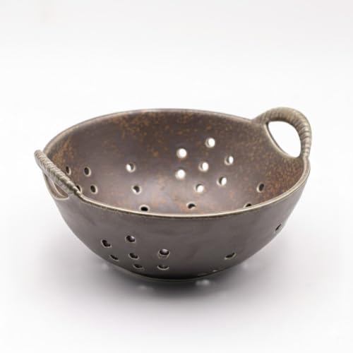 Amitofo 8' Ceramic Berry Colander with Handles, Reactive Glaze Fruit Washing Bowl, Rustic Stoneware Pasta Strainer for Kitchen (Charcoal Grey)
