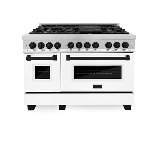 Comparison: Best 7 Burner Gas Stove 9 ZLINE Autograph Edition 48 in. 6.0 cu. ft. Legacy Dual Fuel Range with 7 Burner Gas Cooktop and 2 Electric Ovens in Stainless Steel with White Matte Doors and Matte Black Accents (RAZ-WM-48-MB)