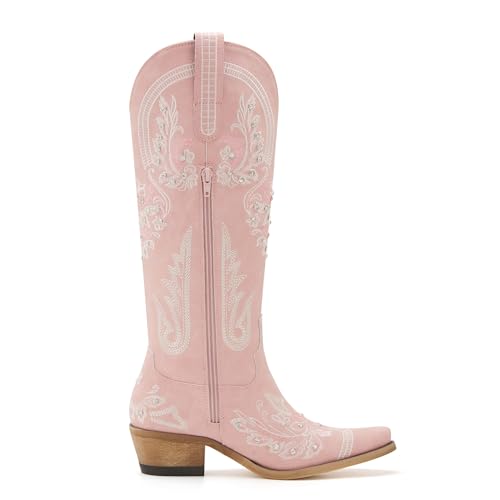 Image of vodvob Western Cowboy Boots for Women Rhinestone Knee High Cowgirl Snip Toe
