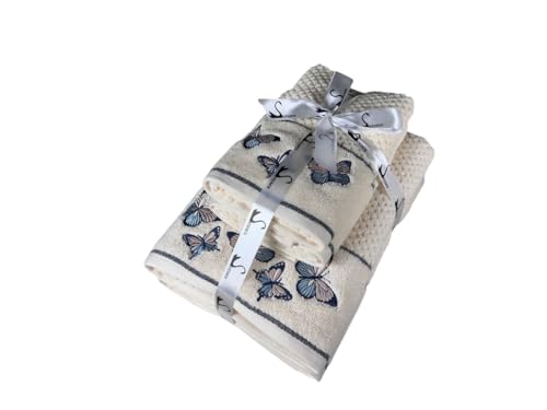 Image of SENSES By Riba Cotton Embroidered Towel Set, 550 GSM Soft & Absorbent, Antimicrobial, Oeko-Tex Certified | Ideal for Home & Gifting, Pack of 4 (2 Bath 27 inchX50 inch + 2 Hand Towels 16 inchX26 inch) - Style 12
