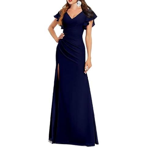 Women's Gorgeous Chiffon Sleeveless Halter Ruffle Long Casual Formal Dress Cocktail Party Dress Bridesmaid Dress (US, Numeric, 8, Regular, Regular, AW02B5-NAVY,8) Cover