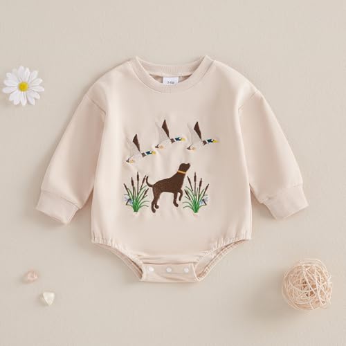 BULINGNA Newborn Baby Boy Duck Hunting Outfit Mallard Duck Bubble Romper Oversized Sweatshirt Onesie Fall Winter Clothes2