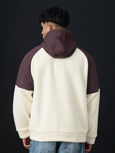 Image of The Souled Store: Berry Clouds Men and Boys Long Sleeve Hooded Neck Off-White and Brown Colour-Block Polyester Polar Fleece Warm Fleece Zipper Oversized Hoodie