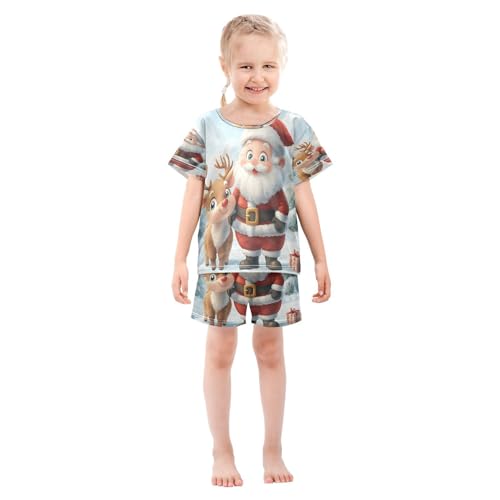 ALAZA Cartoon Santa Claus Deer Merry Christmas Pajamas Set Short Sleeve Cotton Sleepwear Summer Pjs 2 Piece 5-14Y3
