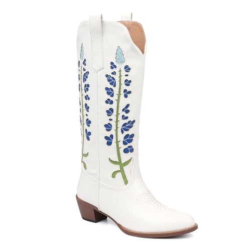 Cowboy Boots For Women, Cute Bluebonnet Floral Embroidered Fashion Country Boots Pointed Toe Chunky Heel Wide Calf Fancy Comfortable Pu Leather, Cowgirl Boots