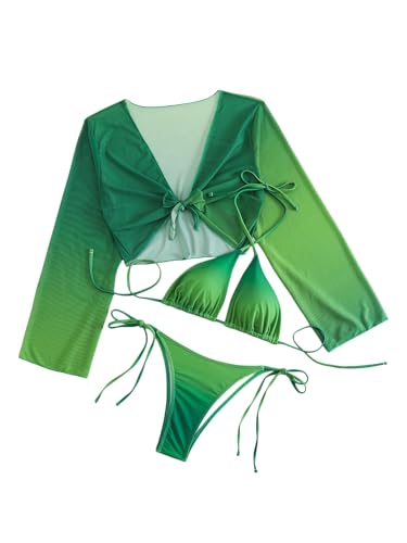 Image of Girl's 3 Piece Bikini Set Tie Dye Gradient Color Bathing Suit High Waist Swimwear with Kimono Cover Ups Green 160