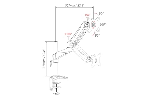 DIGITUS Monitorhalterung - Klemme & Gasdruckfeder - 1 Monitor - Bis 27 Zoll - Bis 1x 8 kg - VESA 75 & 100 - Silber