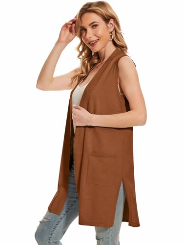Moss Rose Long Vest for Women Sleeveless Lightweight Open Front Cardigans Ribbed Knit Outwear with Pockets3