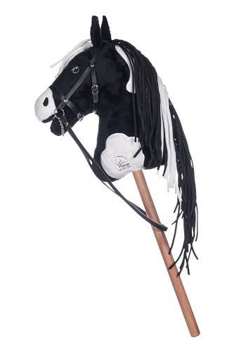 HKM Hobby Horse – Steckenpferd schwarz/weiß, abnehmbare Trense & Lange Mähne, 40 cm Holzstiel – für Hobby Horsing Dressur & Parcours