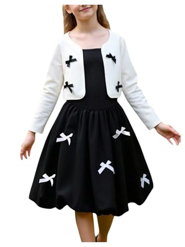 Verdusa Girl's 2 Piece Bow Outfits Open Front Lightweight Jacket with Sleeveless Bubble Dress