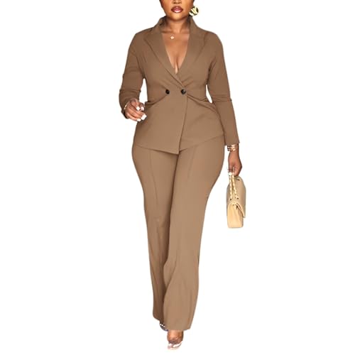 Kafiloe Women Double Breasted Blazer Pants Suit 2 Piece Outfits Casual Long Sleeve Blazer Set for Work Business