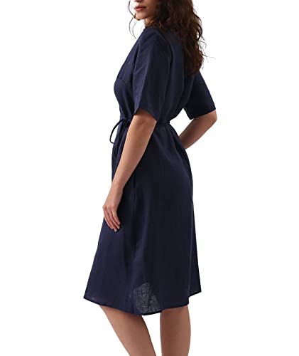 Amazhiyu Womens Pure Linen Summer Short Sleeve Wrap Midi Dresses with Pockets2