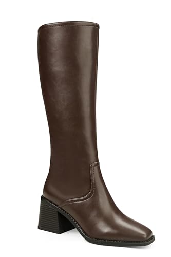 Image of Knee High Boots Women - Long Elastic Faux Leather Boots Tall Square Toe Chunky Block High Heel Shoes with Side Zipper