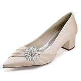 EICOFF Zapatos de Novia de Tacón de Bloque para Mujer con Satén Zapatos de Fiesta Vestido Cristal Perla Punta Cerrada para Noche Trabajo,Champagne,43 EU