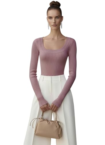 v28 Women Scoop Neck U-Neck Knit Long Sleeve Slim Fit Ribbed Sweater Tops (S, Berry)