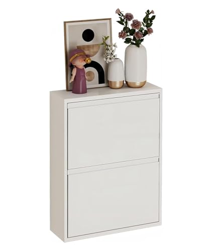 JAVRON シューズラック 完成品 奥行き12.2cm 靴箱 スリム 斜め置き シューズボックス 薄型 下駄箱 スチール 省スペース 靴 収納 タオル収納 玄関 洗面所 脱衣場 (ホワイト, 2段·508*122*700mm)