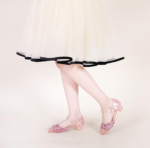 GOJERP Little Kids Girls Sandals Glitter Rhinestone Dress Pumps Sequins Princess Low Heels Party Dance Shoes (Pink, numeric_11)3