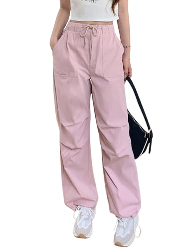 Floerns Women's Casual Drawstring High Waist Straight Leg Slant Pocket Parachute Baggy Cargo Pants