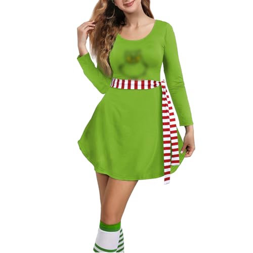 Seizesoul Women Christmas Costume Ugly Xmas Printed Long Sleeve Crewneck Flare Dress