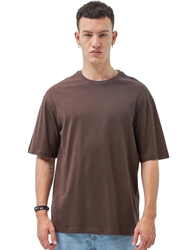 Image of Bewakoof Men's Solid Oversized Fit Half Sleeve Round Neck Cotton T-Shirt