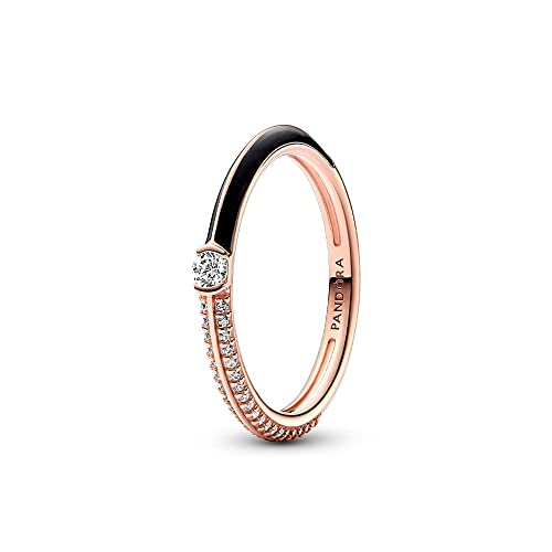 PANDORA ME Anillo con engaste pavé y negro chapado en oro rosa de 14 quilates con circonitas cúbicas transparentes y esmalte negro, talla 60