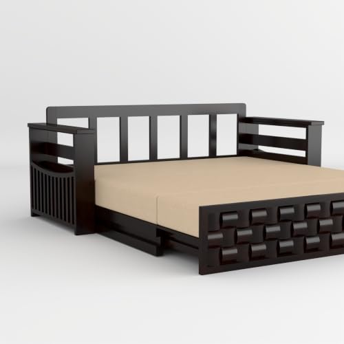 Image of Solid Sheesham Wood Sofa Cums Bed with Mattress & Storage | Rosewood Convertible Sofa Bed for Living Room & Bedroom (G-Walnut, 3 Seater)
