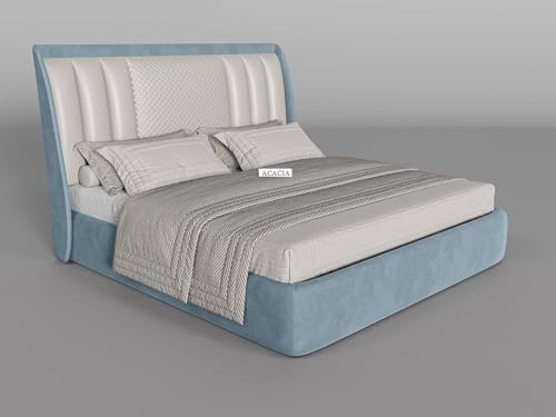 Image of Modern Upholstered Queen Size Bed with Box Storage for Bedroom | Wooden Double Bed with Storage | Platform Cot with Upholstery Premium Fabric | 6.5 x 5 Ft, Sheesham Wood (Light Blue)