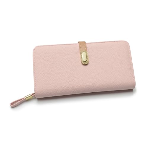 2R Women's Lychee Cowhide Wallet with Multiple Card Slots and Zipper Compartment, Long Style, Pink