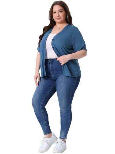 Image of Agnes Orinda Plus Size Cardigan for Women Button Down Sheer Round Neck Short Sleeve Knitted Sweater
