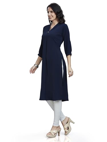 Image of nioni Women's Straight Solid Kurti with V-Fold Neck | Rayon Lycra Material | Fashionable Micro Pleates | 3 /4th Sleeve Kurta for Woman & Girls (S to 2XL)