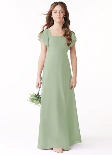 GATMAHE Flutter Sleeves Ruched Chiffon Junior Bridesmaid Dresses Square Neck A Line Flower Girl Dress with Slit3
