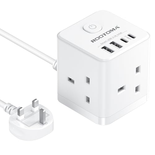 Cube Extension Lead with USB C Slots, 3 Way Power Extension with 4 USB (5V/3.1A 15.5W), Small Tower Extension Lead for Home, Office, Dorm Room, 2M, 13A/3250W
