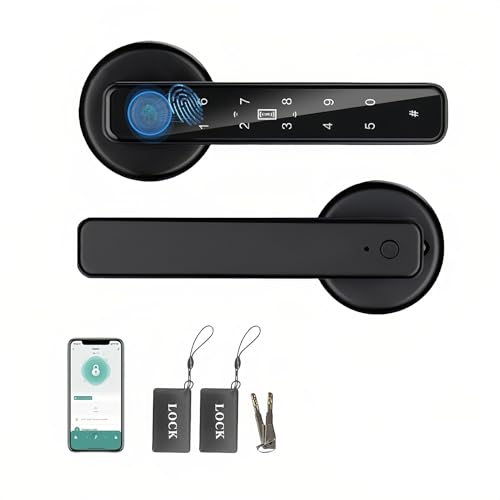 Joyzan Smart Door Lock, 5 in 1 Finger Print Door Handle 100 Fingerprints Codes Smart Locks Front Door Biometric Identification Entry Knob APP Password IC Cards Keys for Home Hotel Office Apartment