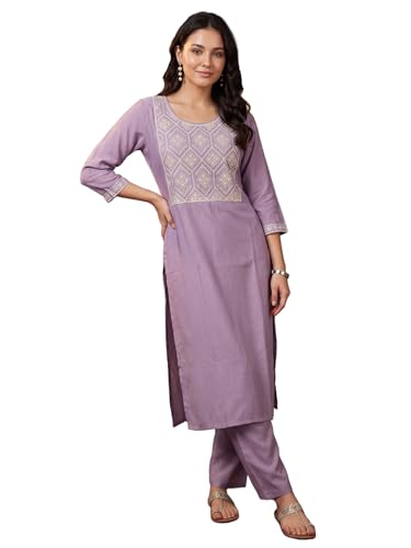 Image of INDO ERA Women's Silk Blend Geometric Embroidered Thread Work Kurta & Pant Set | Co Ord Set For Women Stylish