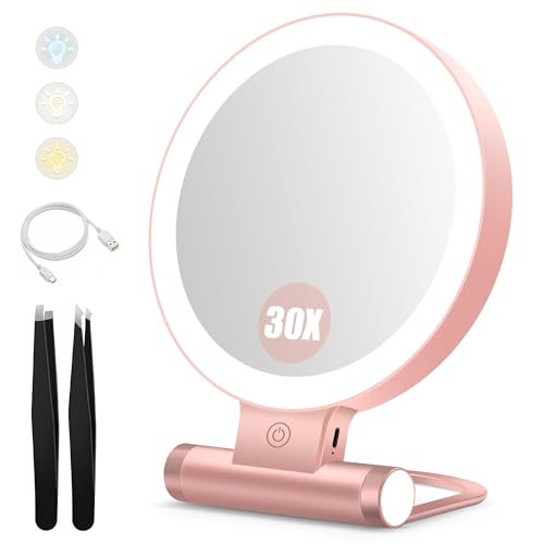 B Beauty Planet Miroir Grossissant 30X/1X, Double Face, Miroir de Table Pivotant à 360°, Miroir de Maquillage Rond avec Éclairage LED, Rechargeable, Portable
