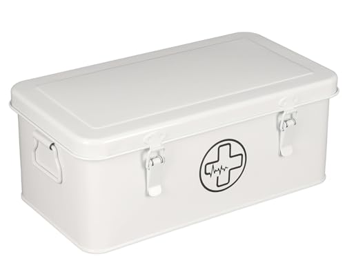 Image of First Aid Box, First Aid Kit Supplies Bin, First Aid Organizer Medicine Storag Box, Metal Storage Box with Safety Lock for Home Emergency Tool Se - White