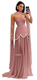 Chiffon Mermaid Prom Dresses with Cape Pearls for Women 2025 Dusty Mauve Strapless Prom Dress Formal Gowns Backless US4 LW104