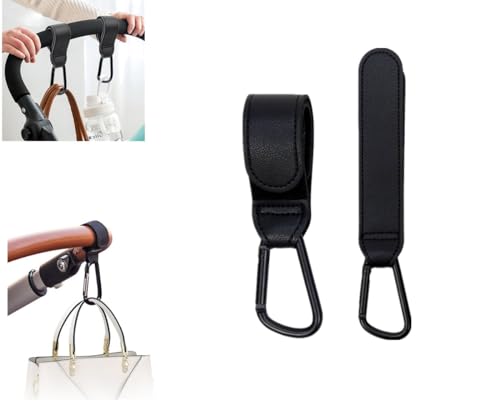 Baby Stroller Hooks Clips, Convenient Pushchair Accessories Mommy Bag Hooks for Hanging Diaper Bags, Multipurpose Hooks for Grocery Shopping Bags Premium Vegan Leather Pram Straps 2 Pcs (Black)