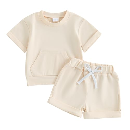 Image of MAYUMMPY Summer Baby Boys Girls Solid Color Outfits Infant Neutral Clothes Short Sleeve Pocket T-Shirt Shorts Set 2Pcs
