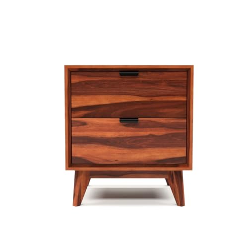 Image of Sheesham Wooden Bedside End Table for Living Room and Home | Solid Wood Bed Side NightStand Table for Bedroom | Wooden Bedside Table with 2 Drawer Storage in Honey Finish