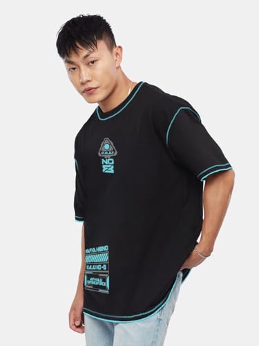 Image of crazymonk Men's Cotton Printed Kaiju No.8 Oversized Black T-Shirt