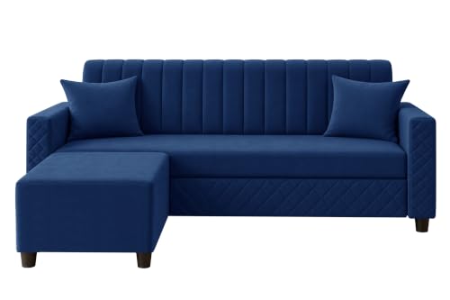 Image of L-Shaped 3 Seater Sectional Sofa with Ottoman | Modern Upholstered Couch | Vertical Channel Tufted Backrest | Diamond Quilted Arms & Base | Comfortable Living Room Furniture - Blue