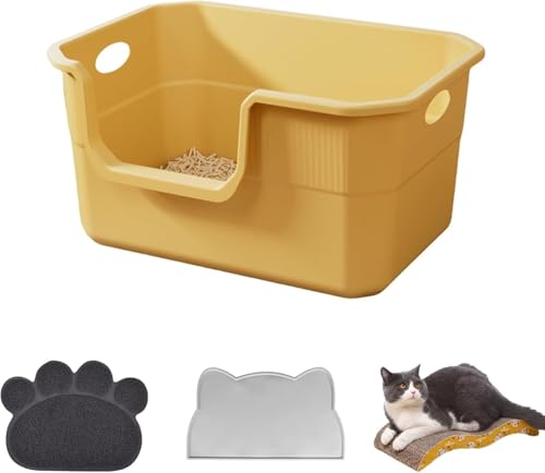 大型猫用オープンタイプトイレ ベージュ(一体成型飛散防止|高耐久性・清潔維持容易|大型猫・多猫家庭対応) (イエロー)