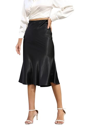 Alcea Rosea Womens Satin High Waisted Silk A-Line Wedding Elegant Elastic Midi Skirt  cover