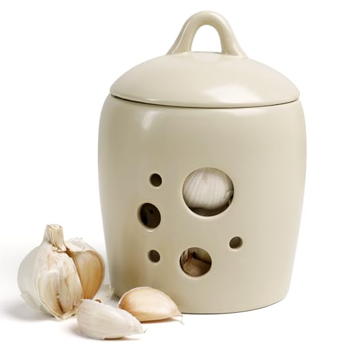 BosilunLife Garlic Keeper for Counter - Ceramic Garlic Storage Container with Lid Beige Garlic Holder Countertop for Kitchen Garlic Jar to Keep Your Garlic Cloves Fresh Longer