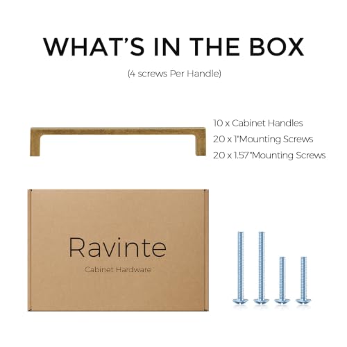 Image of Ravinte Antique Brass Kitchen Cabinet Solid Handles,6-1 /4 Inch,10 Pack | Solid Zinc Alloy, Modern Slim Style, Square Design, Deep-Thread Firm Base, Screws Included, for Kitchen Drawers & Cupboards